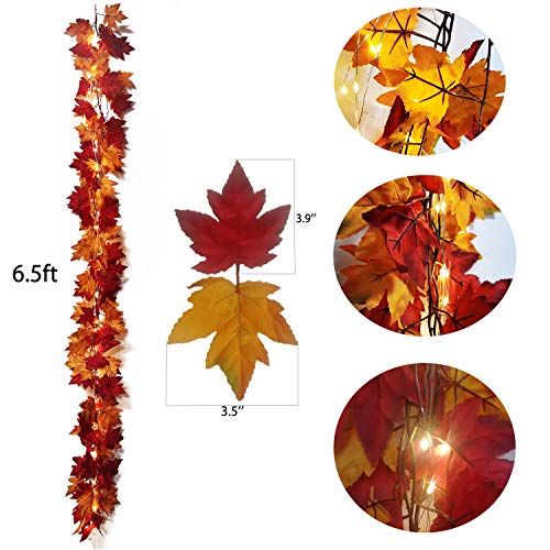 Comtelek 4 Pack Fall Maple Leaf Garland with LED String Lights, 7Ft/Piece Artificial Leaves Hanging Vines Autumn Garland for Thanksgiving Decorations,Fireplace Mantel,Home,Wedding,Thanksgiving Gifts