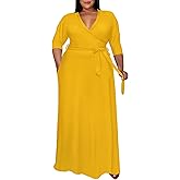 Runwind Plus Size Dress for Women - 3/4 Sleeve V Neck Maxi Dresses for Women (XL-6XL)