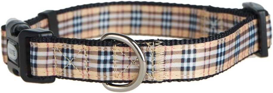 YUDOTE Adjustable Black Nylon Dog Collars Medium with Tartan Plaid Begie Ribbon for Dogs Neck 31-49cm - Image 4