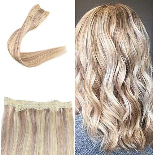 FshineInvisible Wire Hair Extensions Human Hair Natural Hairpiece Ash Blonde Highlighted Bleach Blonde Fish Line Wire Human Hair Extensions Clip ins 18 Inch 80G