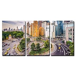 3 Piece Canvas Wall Art - New York City, USA Cityscape at Columbus Circle. - Modern Home Art Stretched and Framed Ready to Hang - 16"x24"x3 Panels