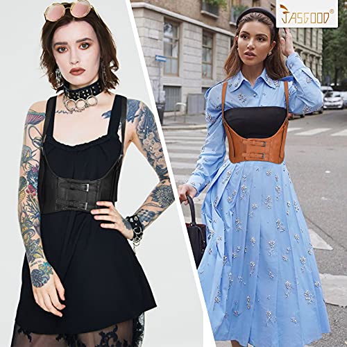 JASGOOD Women Fashion Faux Leather Waist Belts Steampunk Underbust Black Corset for Dress Set of 2(Black+Brown,Fit Waist Size 27\