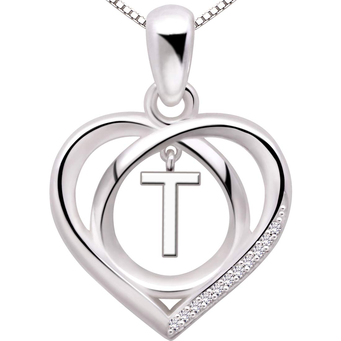 ALOV Jewelry Sterling Silver Initial T Letter Alphabet Love Heart Cubic Zirconia Pendant Necklace — image 1