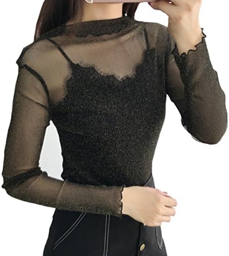 Waboats Ladies Long Sleeve Sheer See Through Blouse Black Lace Thin Tops Transparent T-Shirt