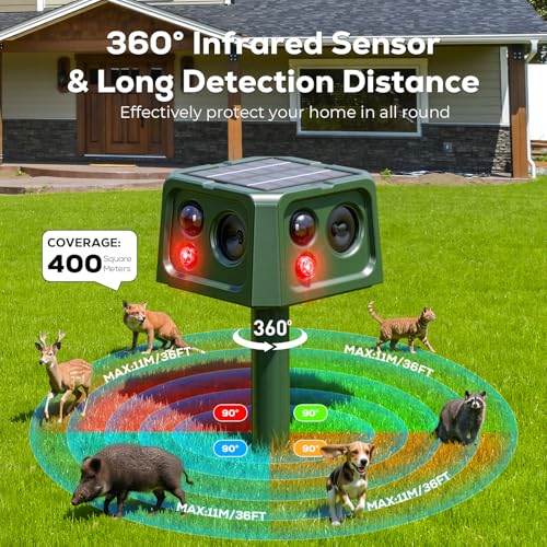 outsweat Outdoor Cat Repellent, 360° Ultrasonic Solar Mole Repellent with Motion Detector and Flashing Light, Waterproof IP66 5 Modes Snake Repellent for Voles Wild Raccoon Rabbit