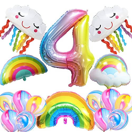 Rainbow Party Decorations, 4th Birthday Decorations for Girls, Number 4 Balloon, Foil Rainbow Balloons, Tassel Pastel Balloons for Four Year Old Birthday Party Supplies Decor Colorful Kids (4th)