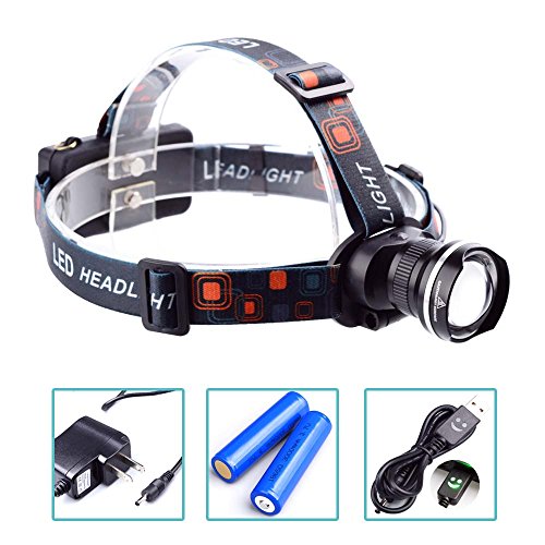 LuckLED Zoomable LED Headlamp Flashlight, Ultra Bright Cree XM-L LED Headlight for Camping, Running, Hiking, Reading and Walking, 2 x 18650 Rechargeable Batteries included