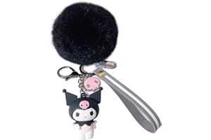 PaPiJoJo Cute Keychains for Girls, Kawaii Pom Pom Fuzzy Key Chain Accessories Wristlet Cartoon Keychain