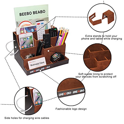Remote Control Holder Organizer Stand for Table, Large Brown PU Leather Remote Control Holders/Storage /Organizer/Caddy with 9 Spacious Compartments, Multifunction Home Office Desk Organizer - Thumbnail 3