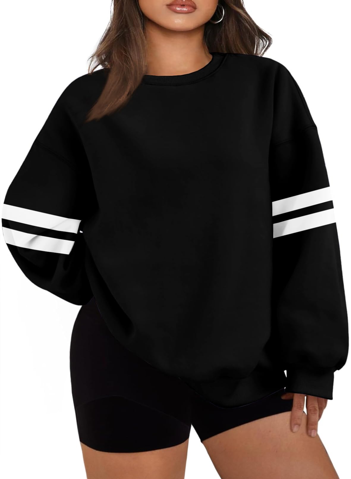 Photo 1 of Eytino Women Plus Size Sweatshirts Long Sleeve Crewneck Sweaters Casual Striped Pullover Sweatshirt Tops Clothes Outfits,5X Black