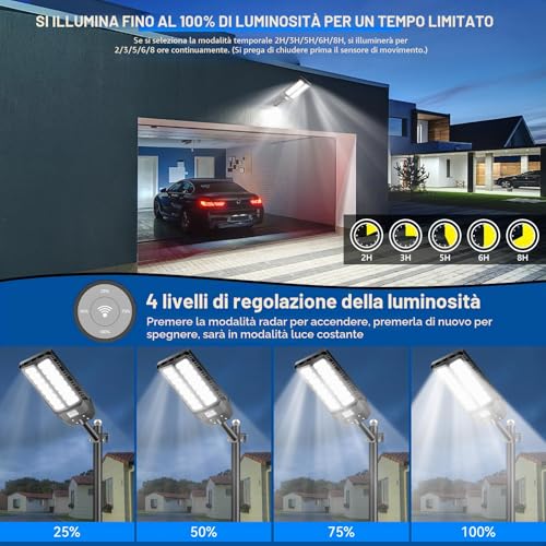 Adewalk 800 W Outdoor LED Solar Street Light with Remote Control, IP66 Waterproof Solar Street Light with Motion Sensor, 6500 K Super Bright Outdoor Garden Lights for Garage Road