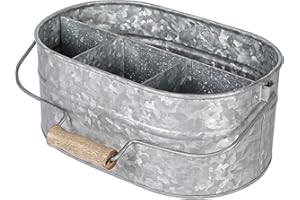 Goroly Home Galvanized Metal Caddy Storage Bin with Wooden Handle, 4 Compartments, Rustic Farmhouse Decor for Kitchen, Garden