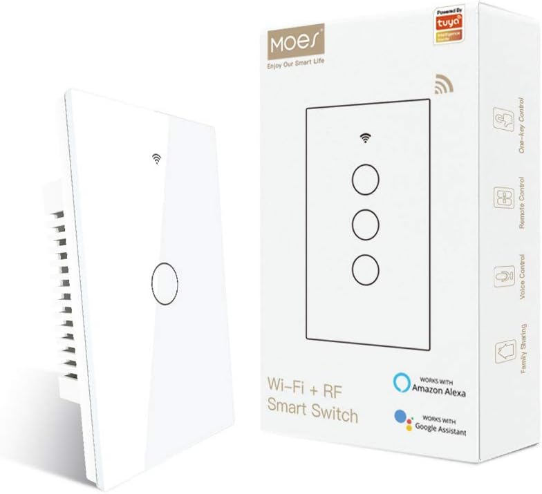 MOES WiFi Touch Wall Smart Switch Single Pole or 3 Way Multi-Control Association, Glass Panel Smart Light Switch Work with Smart Life/Tuya App, RF433 Remote Control, Alexa and Google Home White 1 Gang