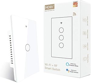 MOES WiFi Touch Wall Smart Switch Single Pole or 3 Way Multi-Control Association, Glass Panel Smart Light Switch Work with Smart Life/Tuya App, RF433 Remote Control, Alexa and Google Home White 1 Gang