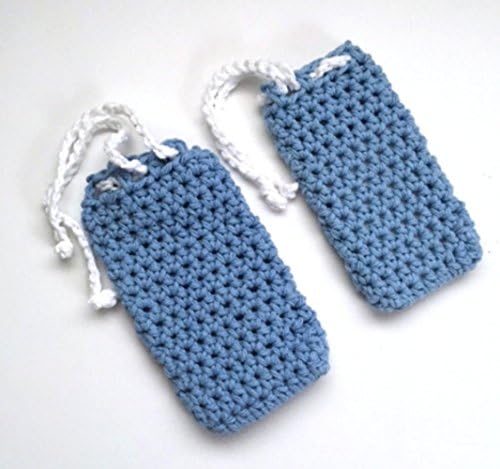 Set of 2 Handmade Crochet Cotton Soap Saver Bags Blue Drawstring Pouch Washcloth