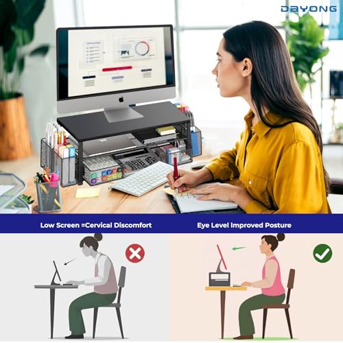 DAYONG Computer Monitor Stand Riser, Desk Organizers and Accessories with Storage Drawers, Metal Monitor Stand with 2 Pen Holders, Desktop Organiser for Home Office Supplies (Black)
