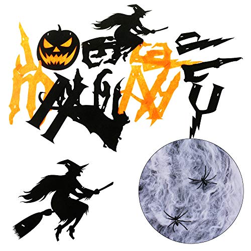 Pancarta Feliz de Halloween, Decoración de la Pancarta de Halloween con Letras, Bruja, Murciélago, Telaraña y mini Arañas, Decoración de Fiesta de Halloween Interior Exterior, duradero, 3 metros