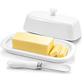 Yedio Ceramic Butter Dish with Lid and Knife for Countertop Refrigerator, 8 Inch White Butter Holder with Porcelain Cover Knob Handle for East West Coast Butter Stick