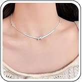 Erimberate Bohemian Bow Tie Choker Necklace Silver Bow Snake Chain Necklaces Metal Flat Herringbone Chain Necklaces Minimalist Bowknot Snake Bone necklace Jewelry for Women