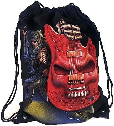 Drawstring Bag Backpack Sack 100% Cotton Canvas Reversible Unique Graphic Print 20" x 15" (Black- Guitar)