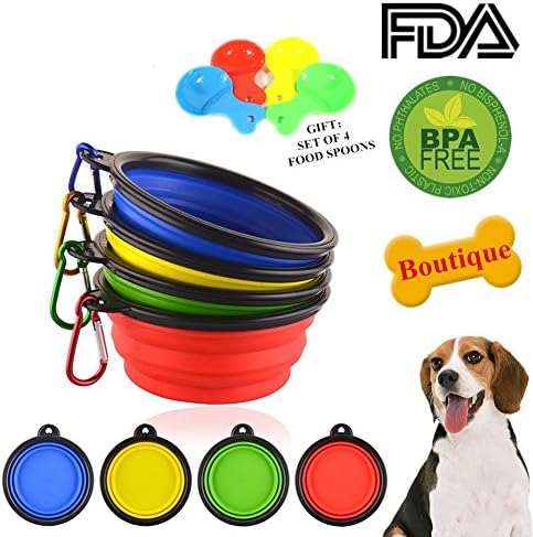 Vanshchan Collapsible Silicone Pet Bowls,Foldable Expandable Dog Bowl, (4-Pack With 4 Free Can Food Spoons), 100% Lead-free, BPA Free and Safe for Pets Dog/Cat/Bird Food Water Feeding Travel Bowls