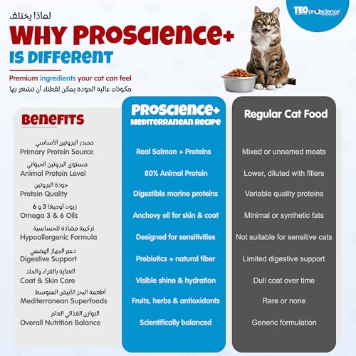 Teo Premium Proscience Salmon Adult Cat Food 1.5KGX6 Packs Total 9KG Premium Hypoallergenic Formula with 82% Animal Protein, Hairball Control, Omega 3 & 6, Mediterranean Fruits, Taurine & Prebiotics