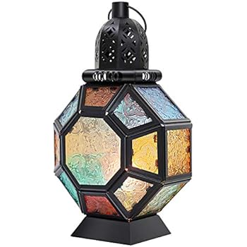 Lewondr Retro Iron Candle Lantern, 14.6 Inch Portable Moroccan Wrought Iron Stained Glass Candle Holder Hanging Lamp Horse Light Wind Lantern for Home Decor, Large - Black + Colorful