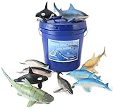 WellPackBox Big Blue Bucket 11 Large Shark Whale Dolphin Toy Animal Figures For Toddlers Kids Boy Girls Bath Tub Adventures