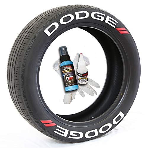 Tire Stickers Dodge // Tyre Lettering Kit - Genuine USA Made DIY Permanent Tyre Lettering with Glue & 2oz Touch-Up Cleaner / 19-21 Inch Wheels / 1.25 Inches/White / 4 Pack
