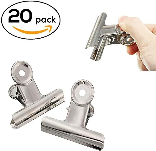 Metal Binder Clips Stainless Steel Food Chip Bag Clips,Large 63mm Extra 3/4Inch Cap Size,1-Inch Capacity Bulldog/Hinge Paper Clip,Silver(20 Pack)