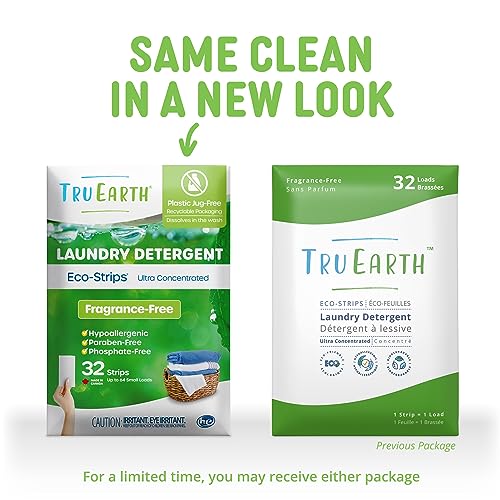 Tru Earth Compact Dry Laundry Detergent Sheets, Unscented - Up to 64 Loads (32 Sheets) - Paraben-Free, Plastic-Free - Original Eco-Strip Liquidless Laundry Detergent, Travel Laundry Sheets