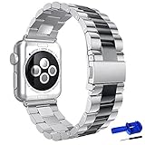 HUANLONG Solid Stainless Steel Metal Replacement 3 Pointers Watchband Bracelet with Double Button Folding Clasp Compatible with Apple Watch Iwatch Series 1/2/3/4(Silver/Black 42mm)