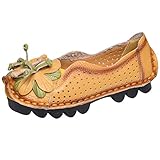 Mordenmiss Women's Handwork Leather Flat Flower Pattern Slip-on Loafer Shoes