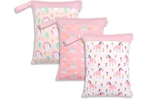 KKTAPOS Wet Dry Bags for Baby Cloth Diapers - Waterproof Reusable Washable Travel Bags, Gym Bag, Pool, Daycare Soiled Baby Items Yoga Gym Bag for Swimsuits & Wet Clothes 3pcs/set（Pink&Unicorn