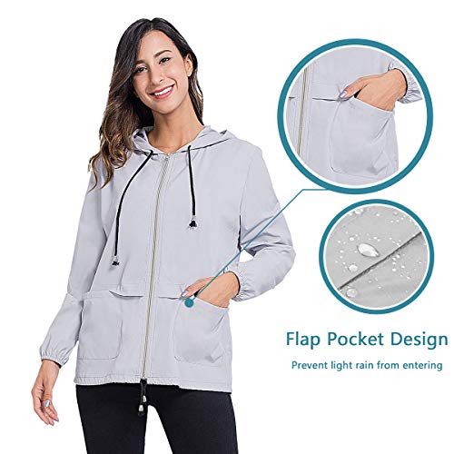 JTANIB Rain Jackets for Women, Lightweight Zip Up Hiking Travel Cycling Hooded Waterproof Raincoat S Grey