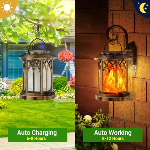 GEARLITE Garden Solar Lights for Outdoor Hanging, 2 Pieces Solar Lanterns for Outdoor Use with Realistic Flame Effects, IP65 Waterproof Solar Lights, Garden Decoration with Clips for Outdoor Yard (2, Bonze)