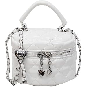 Mini Box Crossbody Bag, Silver Quilted Metallic Purse with Chain Strap, Top Handle & Heart Charm, Women's Evening Clutch
