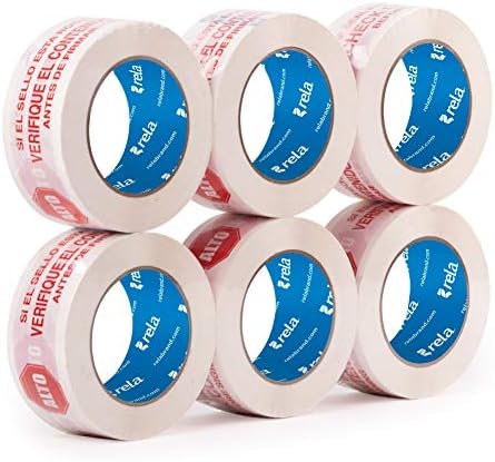rela Security Printed Box Sealing Tape, White with Text “Fragile FRAGIL” and"Stop Check Contents (Stop Check Contents, 6 Pack)