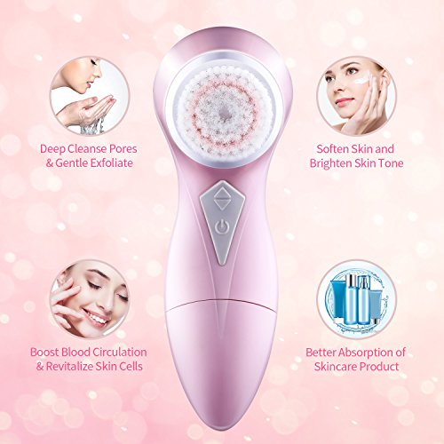 Valentine's Day Gift Electric Facial Brush Ultrasonic Vibration Face Cleansing Brush with 2 Brush Heads 60s Auto-off Makeup Remove Pore Cleanser, Pink. Hepburn.S