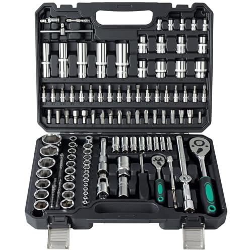 Ginour Socket Spanner Set 138-Piece 1/4 Inch & 1/2 Inch CR-V Ratchet Box with Bits, Extensions and Adapters, Tool Set for Car Repair and DIY