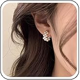 Sttiafay Boho Small Pearl Hoop Earrings Cluster Pearl Stud Earrings Pearl Tassel Dangle Earrings White Pearl Beaded Drop Earrings Wedding Earrings Jewelry for Women