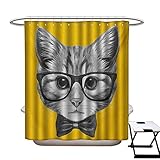 Animal Shower Curtains Waterproof Sketchy Hand Drawn Design Baby Hipster Cat Cute Kitten with Glasses Image Print Fabric Bathroom Decor Set with Hooks W69 x L75 Grey Mustard