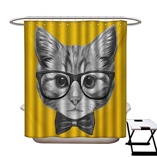 Animal Shower Curtains Waterproof Sketchy Hand Drawn Design Baby Hipster Cat Cute Kitten with Glasses Image Print Fabric Bathroom Decor Set with Hooks W69 x L75 Grey Mustard