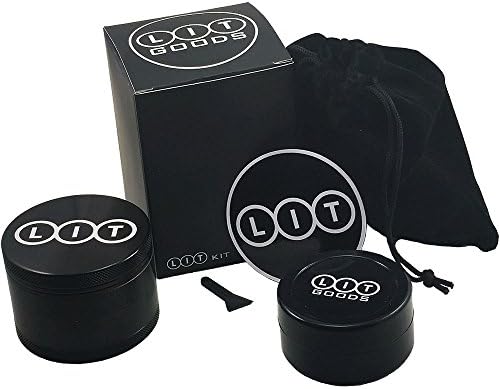 LIT Goods Herb Grinder Kit - Large 2.5 Inch 4 Piece Aircraft Aluminum - Pollen Catcher Protective Bag and Sticker - Best Herb Mill for Tobacco Weed Tea Herbs and Spices - BONUS Silicone Container.