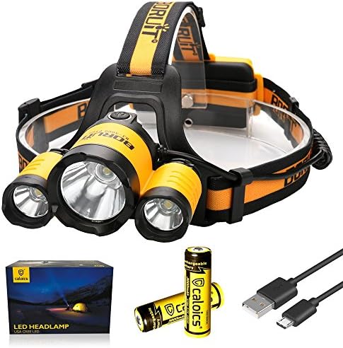Boruit LED Headlamp 3xOriginal Cree XML T6 5000 Lumens Waterproof Headlight with Rechargeable 18650 Batteries Bright Adjustable Hands-Free Flashlight for Camping Hunting (RJ3000PLUS Yellow)