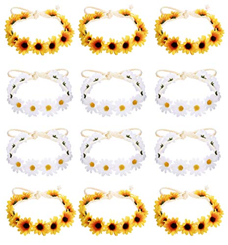 Milacolato 6-12Pcs Handmade Daisies Sunflower Headband Boho Floral Wreath Bridal Headpiece for Wedding Festivals Hair Accessories White&Yellow