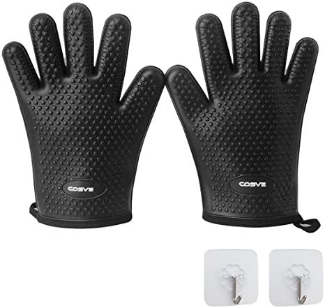 Silicone Heat Rsistant Gloves, COSVE BBQ Cooking Oven Mitt for BBQ Grill, Oven, Fire Pit, Campfire &amp; Smoking, with 2 Sticky Hooks
