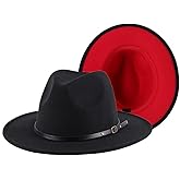 Classic Fedora Hat Wide Brim Two Tone Felt Panama Hat with Belt Buckle for Women Men Black