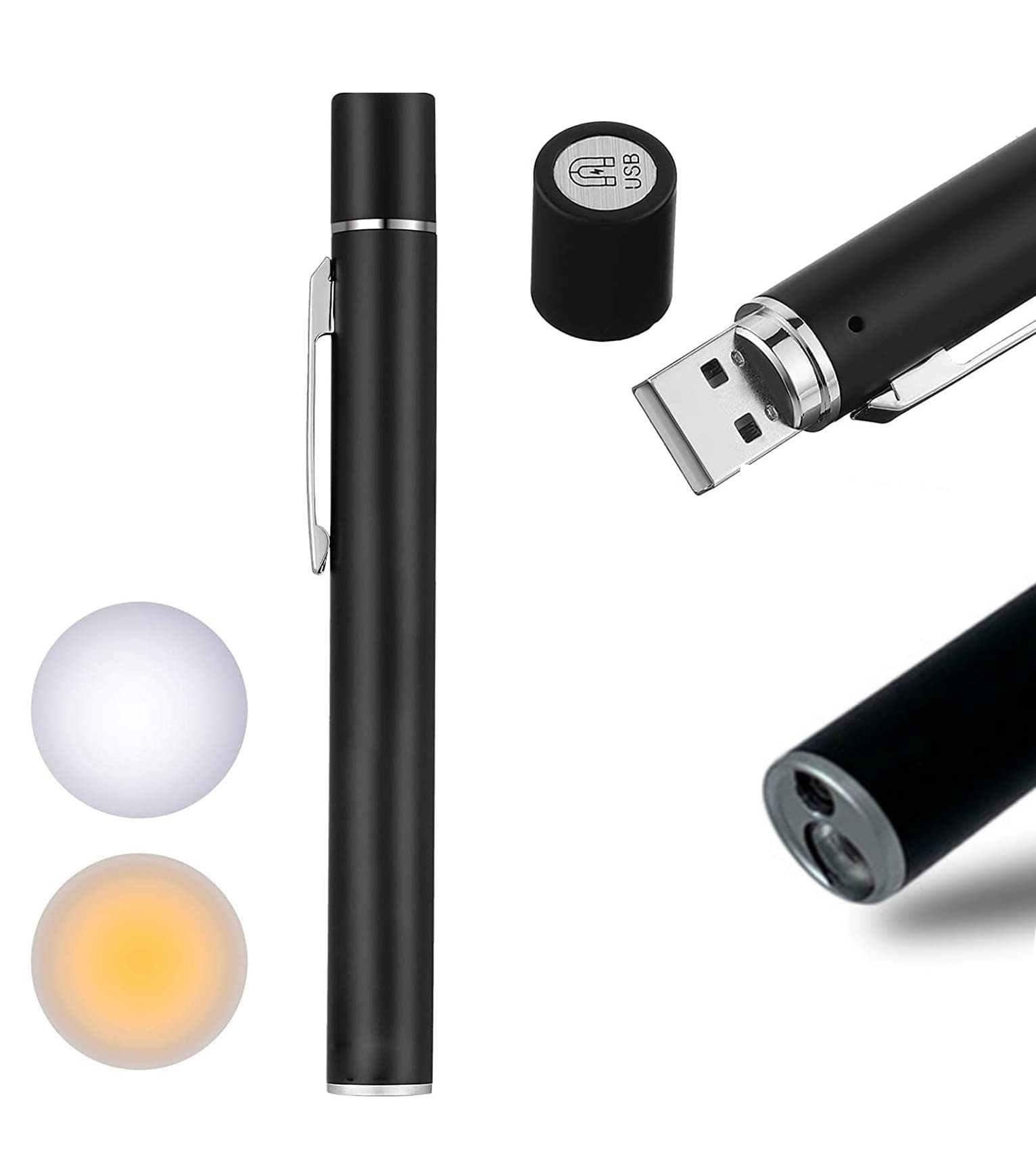Exeton - Pen Torch Reusable, Diagnostic Medical Penlight USB Rechargeable LED Pen Ligh for Nurses Students Doctors, Mini Flashlight with Dual LED Bulbs, Magnetic Cap, Pocket Clip (Black)