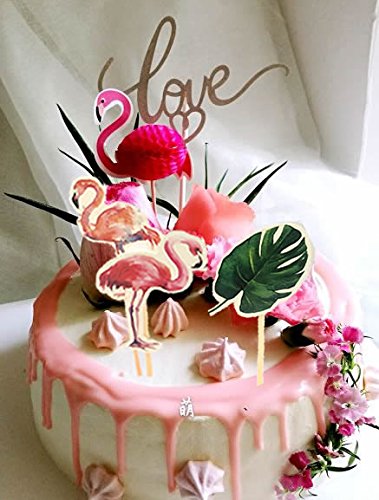 Palm Leaves Pink Flamingo Party Cupcake Toppers Luau Decorations, Set of 12